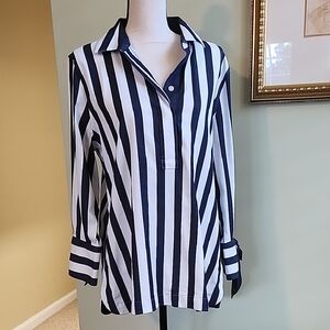 Chico's Navy and White Striped Button Down Shirt